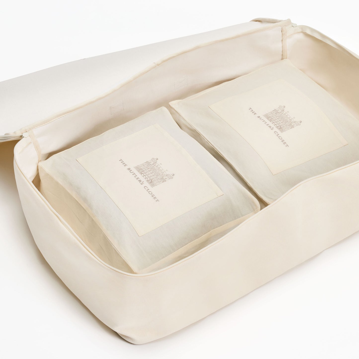 An open beige storage bag with two labeled fabric-covered boxes inside, featuring a logo and text.